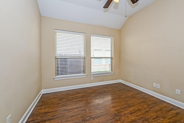 unfurnished room featuring ceiling fan, dark hardwood / wood-style flooring, and lofted ceiling