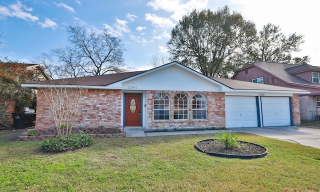 ranch-style house with a front yard and a garage