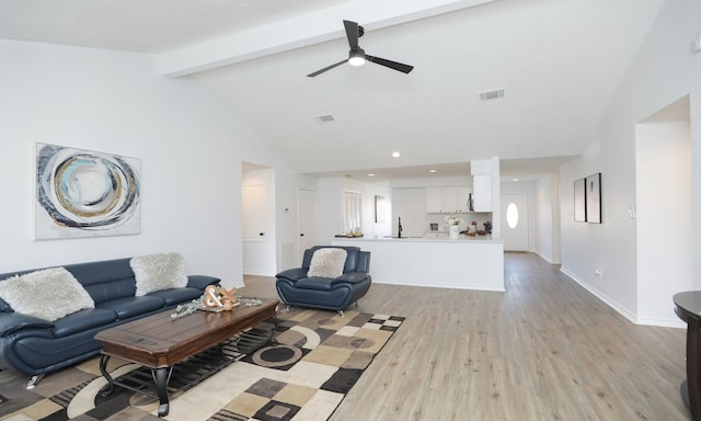 living room with high vaulted ceiling, sink, ceiling fan, light hardwood / wood-style floors, and beam ceiling