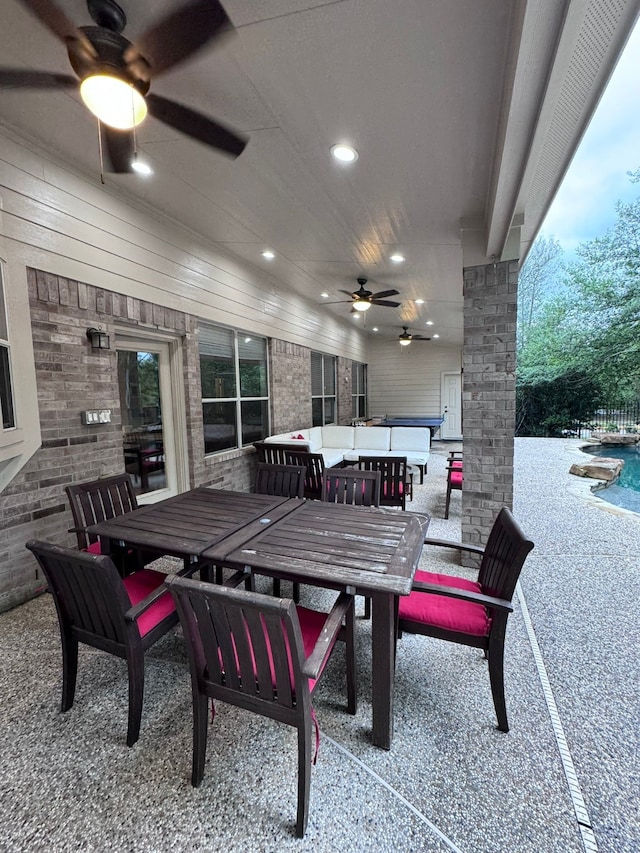 view of patio / terrace featuring ceiling fan and an outdoor hangout area