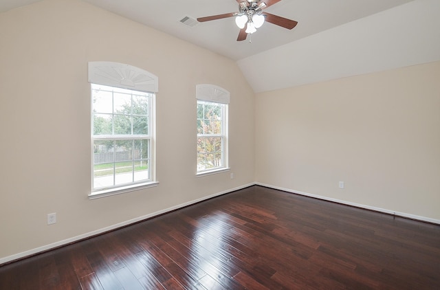 unfurnished room with ceiling fan, wood-type flooring, and vaulted ceiling