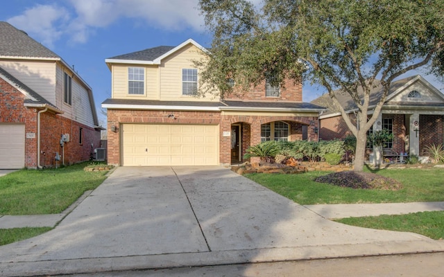 view of front property featuring a garage, central AC unit, covered porch, and a front lawn