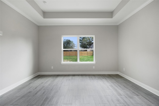 spare room with light hardwood / wood-style floors and a tray ceiling