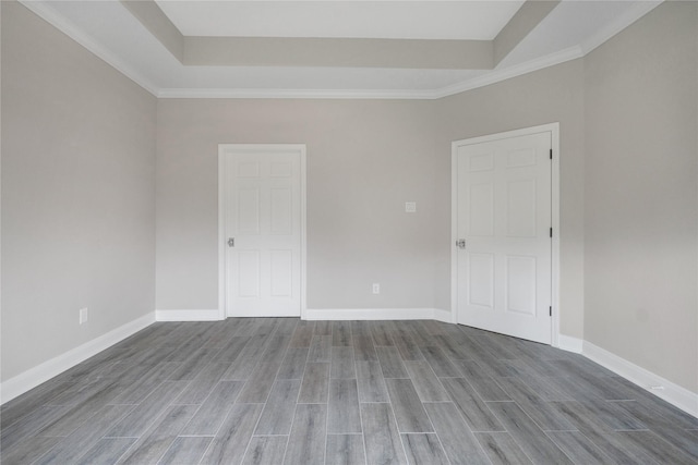 empty room featuring a raised ceiling and ornamental molding