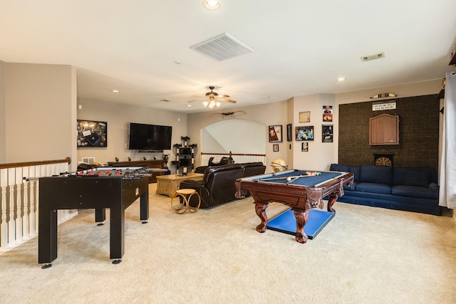 rec room with ceiling fan, light colored carpet, and pool table