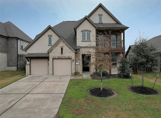 french country inspired facade with a garage, a front yard, and a balcony