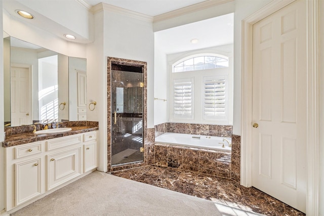 bathroom featuring vanity, crown molding, and plus walk in shower