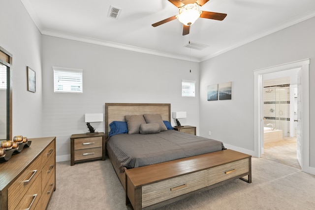 carpeted bedroom with multiple windows, ensuite bathroom, crown molding, and ceiling fan