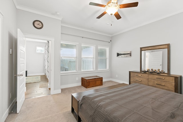 bedroom featuring light carpet, ceiling fan, and ornamental molding