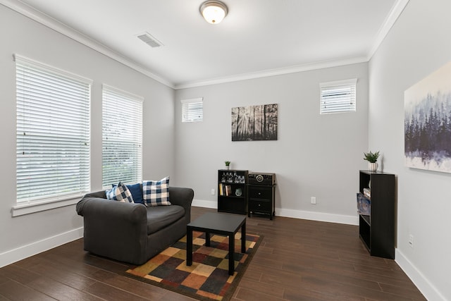 living room with crown molding and dark wood-type flooring