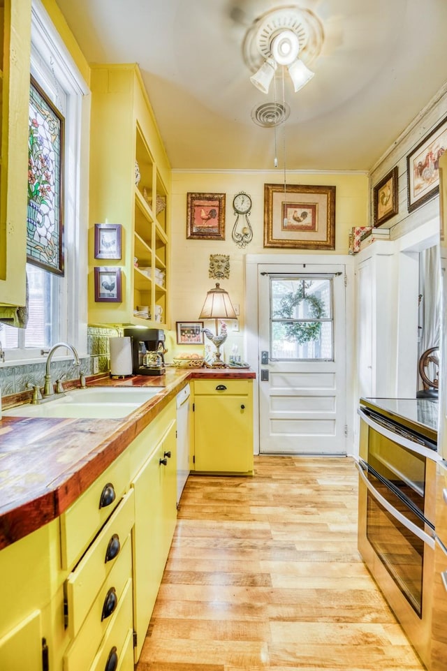 kitchen featuring white dishwasher, light wood-type flooring, sink, and a wealth of natural light