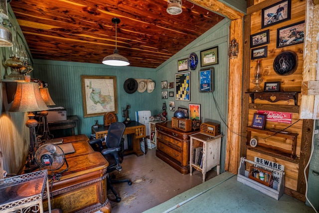 office space with lofted ceiling and wood ceiling