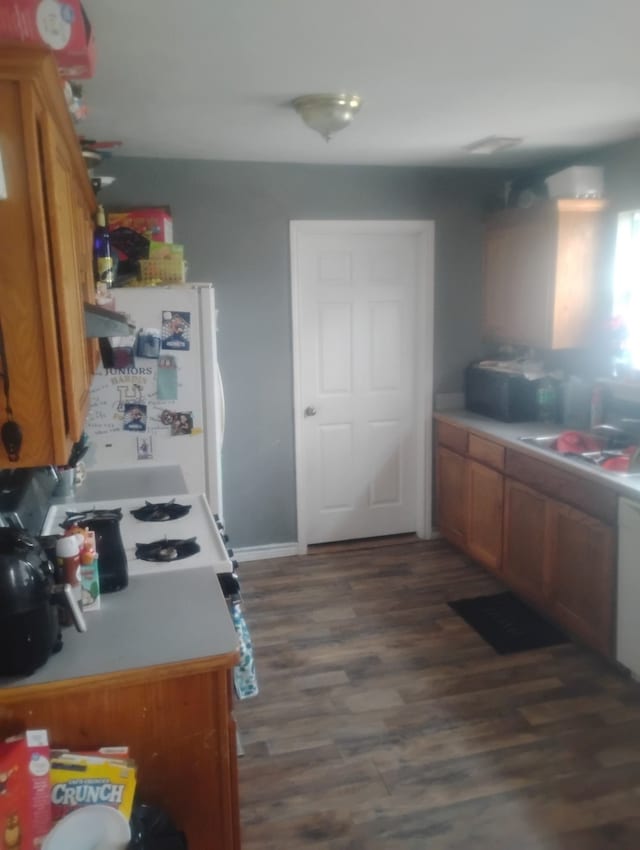 kitchen featuring white fridge, dark hardwood / wood-style flooring, and sink