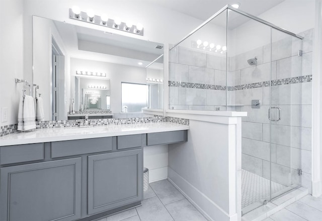 bathroom with tile patterned floors, vanity, and walk in shower