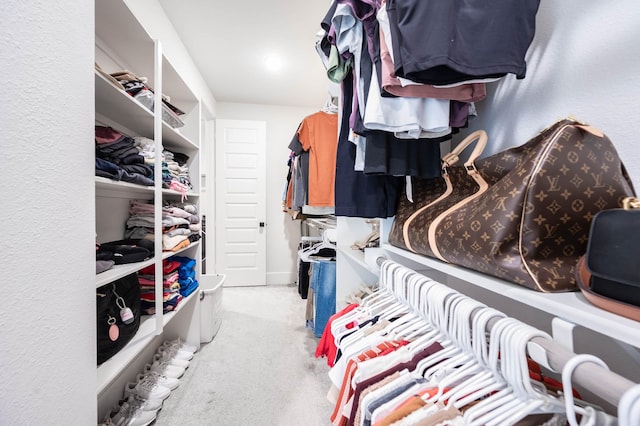 walk in closet with light colored carpet