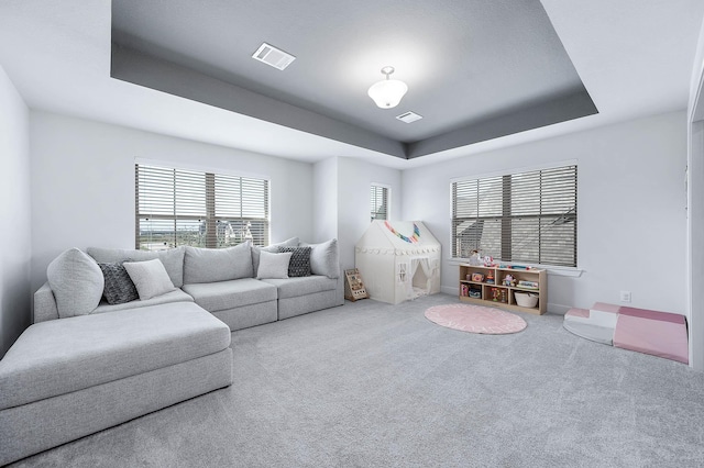 living room featuring carpet flooring and a raised ceiling