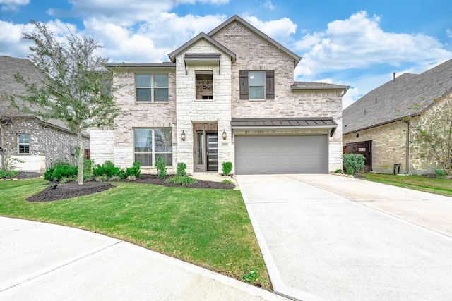 view of front of property featuring a front lawn and a garage