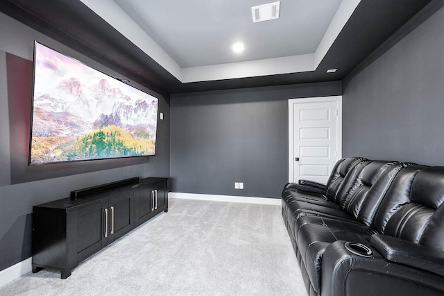 carpeted cinema featuring a tray ceiling