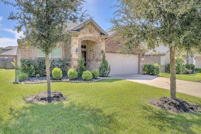 view of front of property featuring a front yard and a garage