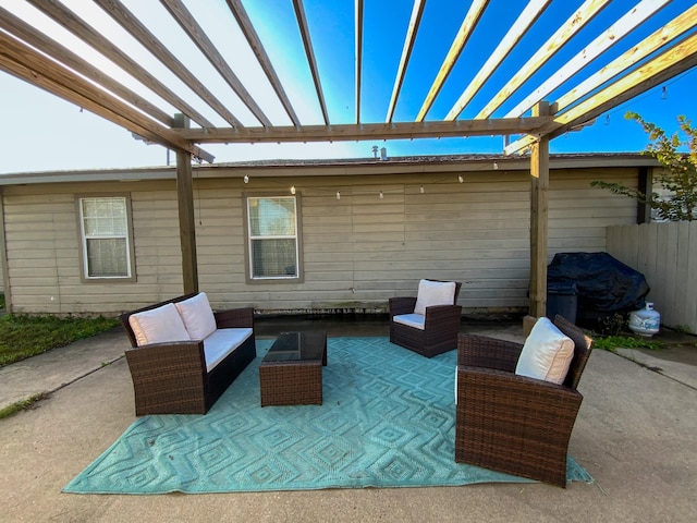 view of patio / terrace with outdoor lounge area and a pergola