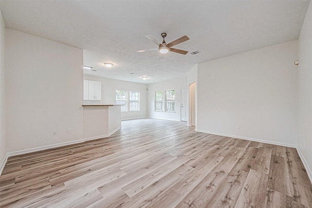 unfurnished living room with ceiling fan and light hardwood / wood-style floors