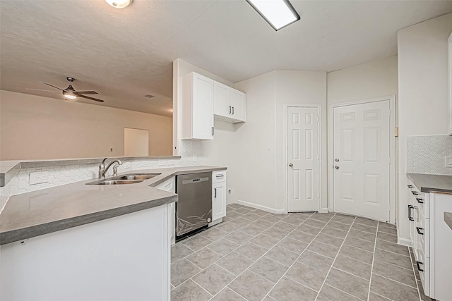 kitchen with white cabinetry, sink, ceiling fan, stainless steel dishwasher, and kitchen peninsula