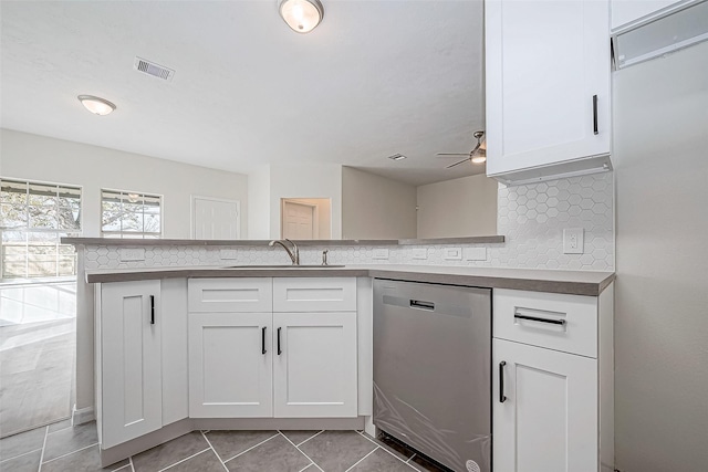 kitchen featuring dishwasher, white cabinets, kitchen peninsula, and sink