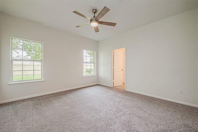 carpeted empty room featuring ceiling fan and a healthy amount of sunlight