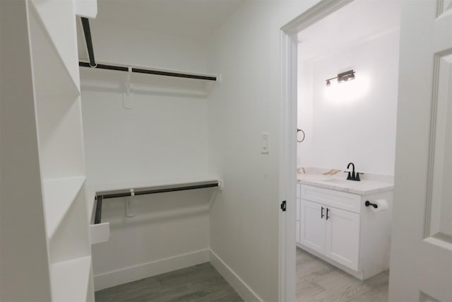 bathroom with hardwood / wood-style flooring and vanity