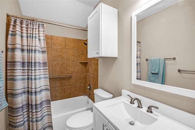 full bathroom with vanity, toilet, and shower / bathtub combination with curtain