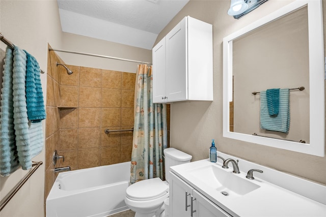 full bathroom with vanity, toilet, a textured ceiling, and shower / tub combo with curtain