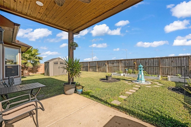 view of yard with a patio area and a storage unit