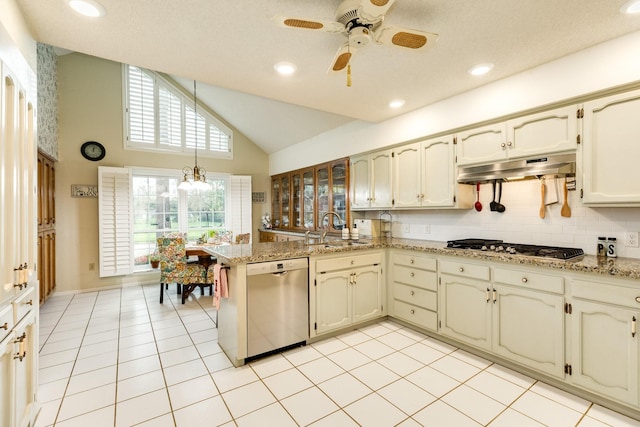 kitchen featuring sink, light stone counters, kitchen peninsula, and stainless steel appliances