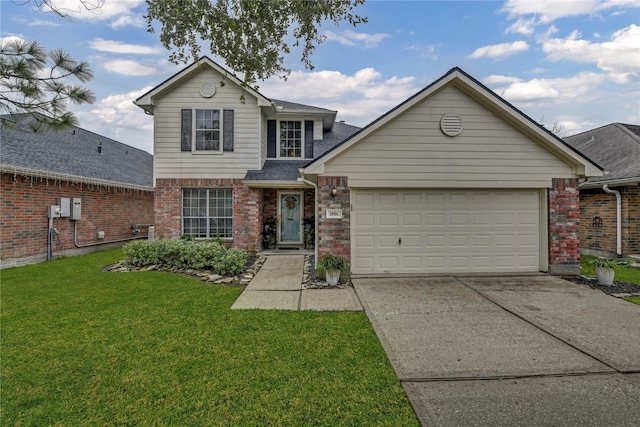 front facade with a front lawn and a garage