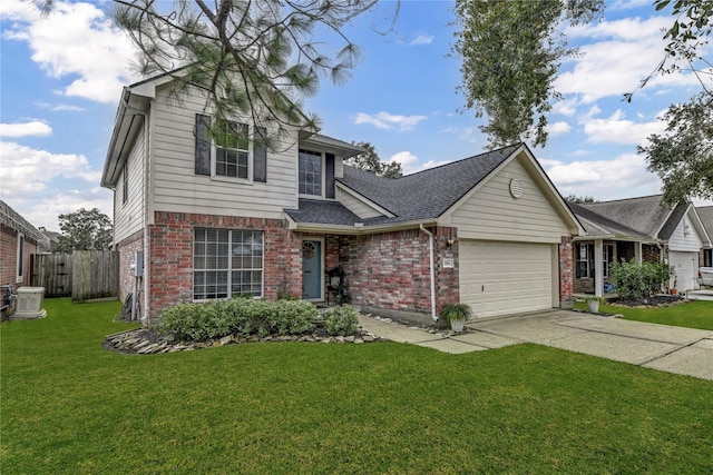 view of front property featuring a garage and a front lawn