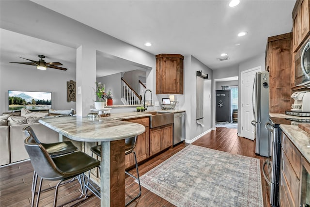 kitchen featuring appliances with stainless steel finishes, dark hardwood / wood-style flooring, ceiling fan, and sink