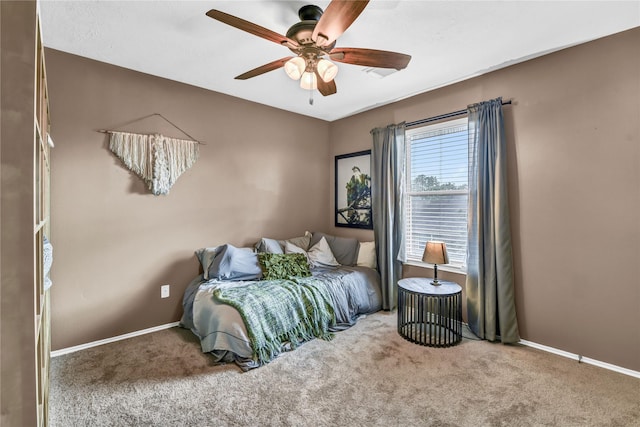 bedroom with ceiling fan and carpet floors