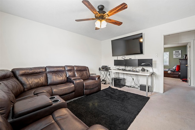 living room with light carpet and ceiling fan