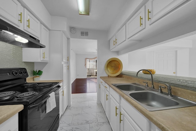 kitchen with white cabinetry, sink, black range with electric cooktop, and tasteful backsplash