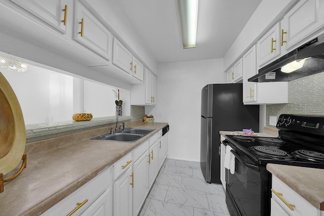 kitchen with dishwasher, sink, tasteful backsplash, black electric range, and white cabinets