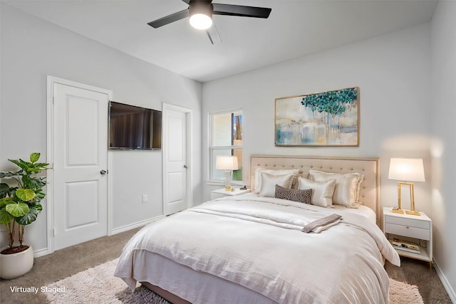 bedroom featuring ceiling fan and carpet flooring