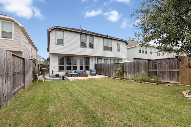 back of property featuring a lawn, outdoor lounge area, and a patio