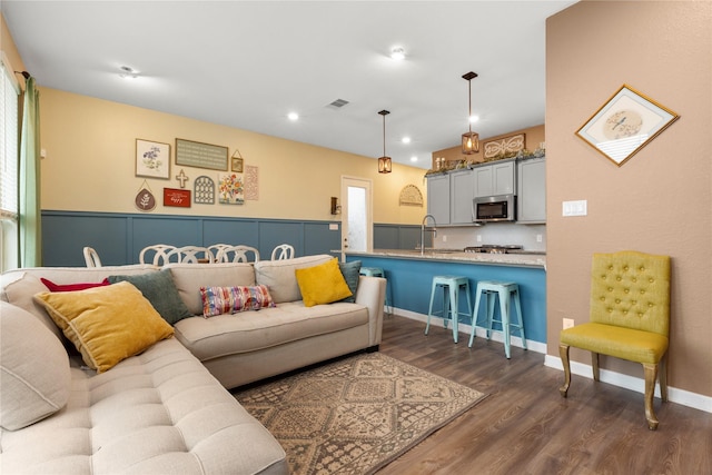 living room featuring dark hardwood / wood-style floors and sink