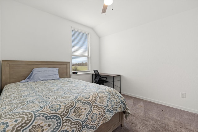 bedroom featuring carpet, ceiling fan, and lofted ceiling