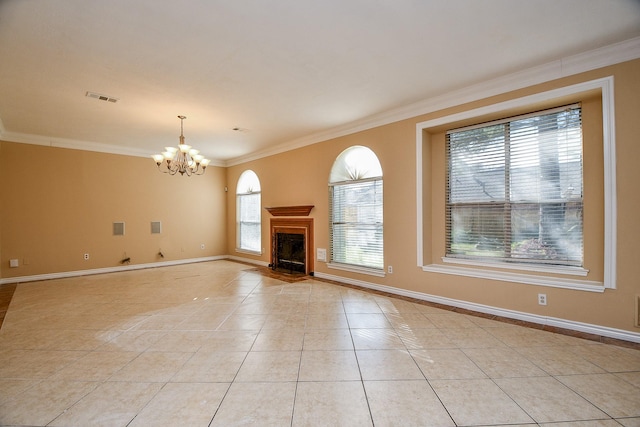 unfurnished living room with crown molding, light tile patterned floors, and a chandelier