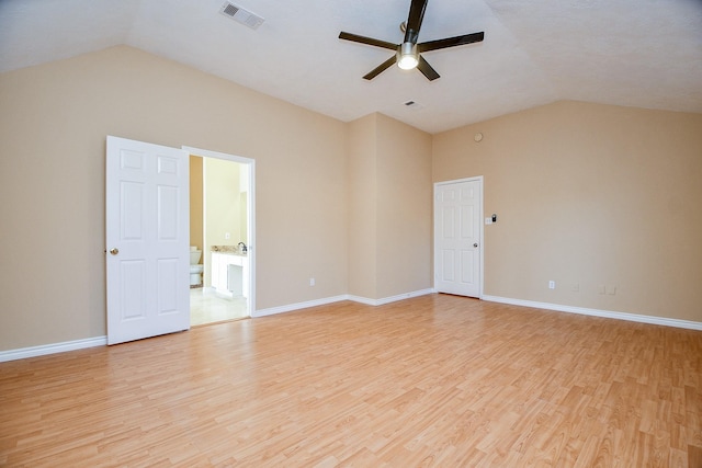 unfurnished room with light hardwood / wood-style floors, ceiling fan, and lofted ceiling