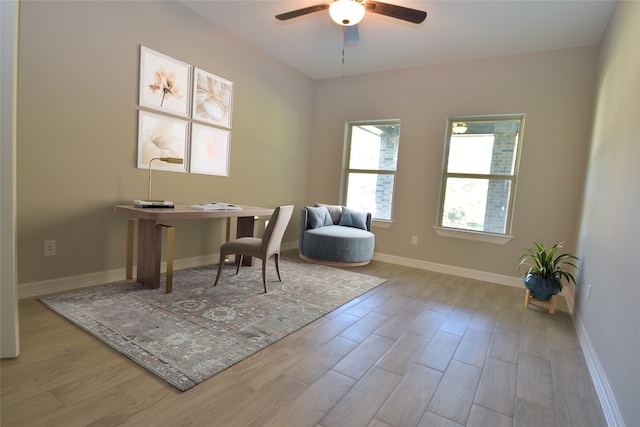 office area featuring ceiling fan and light hardwood / wood-style flooring