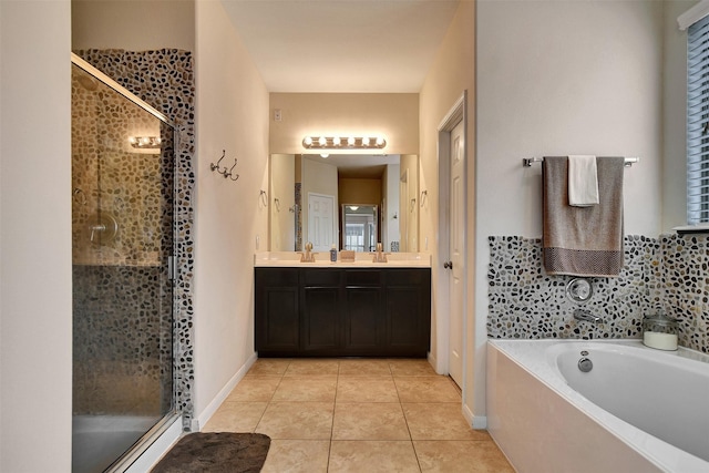 bathroom with vanity, separate shower and tub, and tile patterned floors