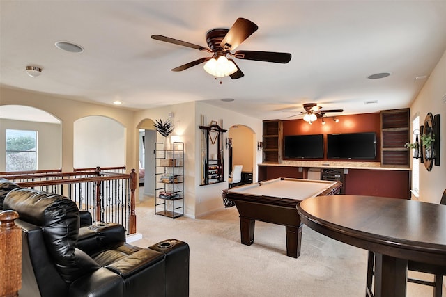 recreation room with ceiling fan, light colored carpet, and billiards