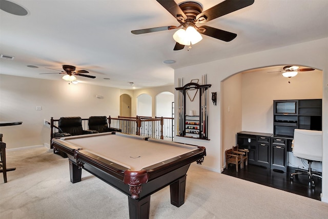 rec room featuring carpet flooring, ceiling fan, and pool table